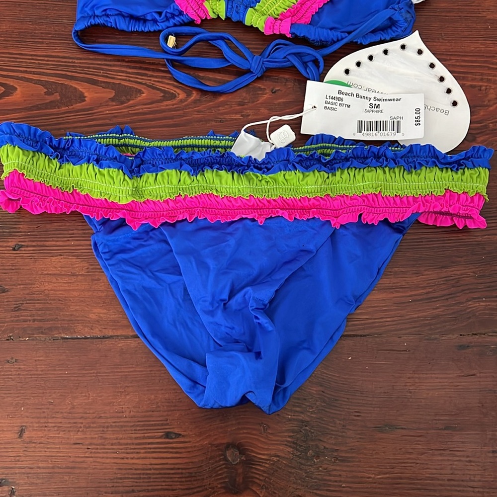 Adorable Blue with Green and Pink Ruffles Bikini Gold Hardware NWT S - Picture 5 of 12